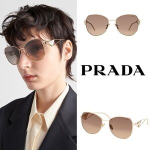 Prada PR 57Y ZVN3D0 Sunglasses With Triangle Logo in Gold and Brown NWT 585$